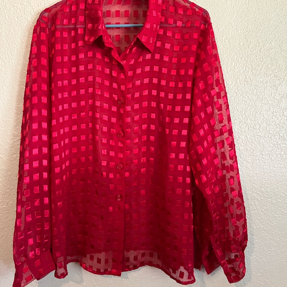 Joanna Plus Size Cherry Red Sheer 80s 90s 2000s Vintage Button Checkered Blouse